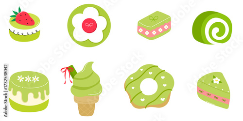 Set of matcha bakery pastry with cake, donut, ice cream and roll cake illustration