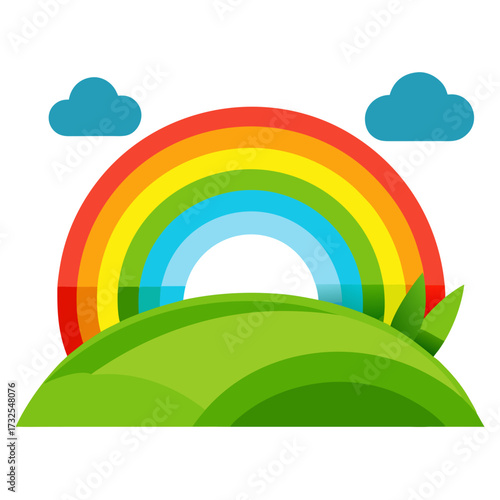 Vibrant rainbow arches over lush green hills with fluffy clouds, symbolizing hope and natural beauty in a cheerful, idyllic landscape scene.