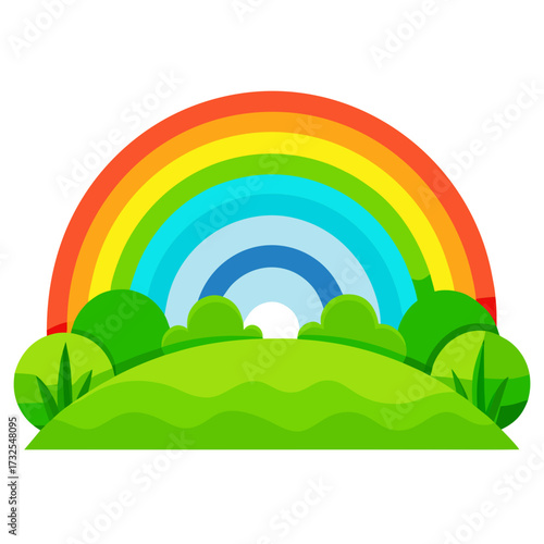 Vibrant rainbow arches over lush green hills and fluffy bushes, creating a picturesque, cheerful, and idyllic natural landscape scene perfect for joyful, hopeful, and inspiring themes