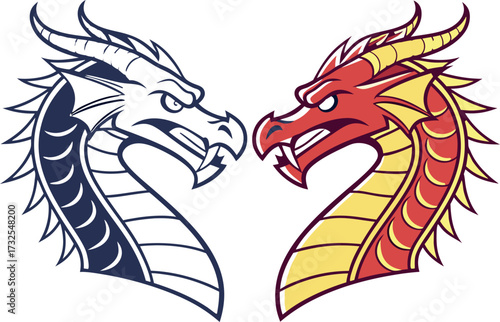 Two Fierce Dragon Heads Facing Off, Vector Art