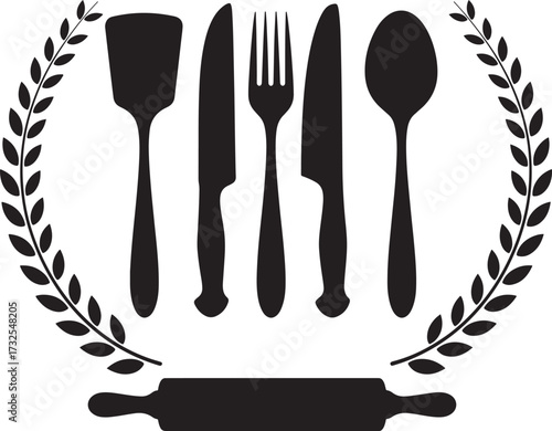 Culinary tools silhouette with laurel wreath and rolling pin