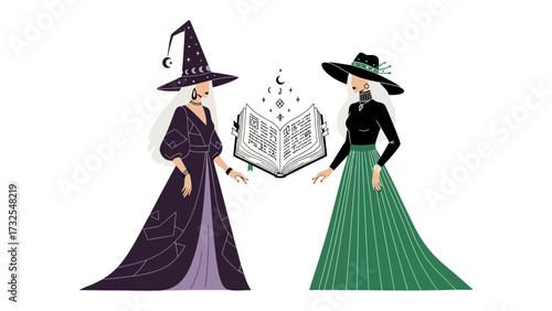 Enchanting Wardens: A pair of elegant figures, adorned in witch attire, stand facing each other, with an ancient spellbook and mystic symbols set between them, evoking an atmosphere of mystic.