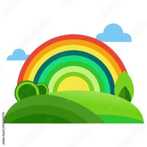 Vibrant rainbow arches over lush green hills with fluffy clouds, creating a cheerful and optimistic natural landscape scene