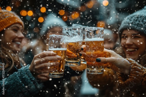 women toasting with beer in the snow.