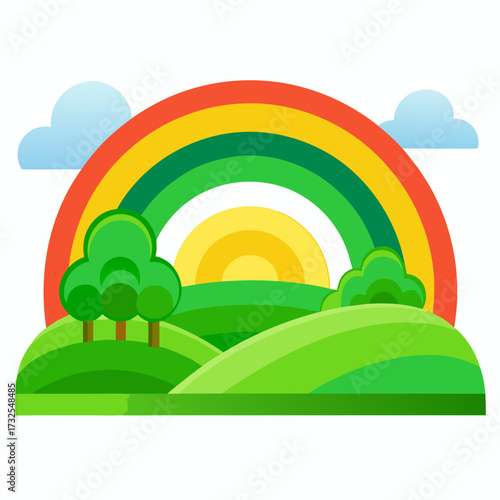 Vibrant rolling green hills bathed in sunshine beneath a radiant rainbow and fluffy clouds create a cheerful, idyllic landscape perfect for children's stories, nature themes, or optimistic branding
