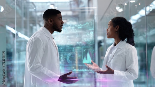 A black male and female doctor in white lab coats using an interactive AI interface, arguing or discussing something, AI-generated