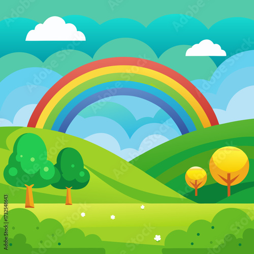 Vibrant rainbow arches over rolling green hills and fluffy clouds, creating a whimsical, joyful landscape perfect for children's stories and optimistic themes.