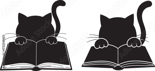 Two black cat silhouettes reading books silhouette