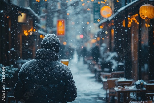 Person standing in snow with cup.