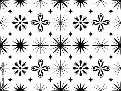 Geometric Black and White Seamless Pattern with Stars Flowers and Diamond Shapes Retro Inspired Design