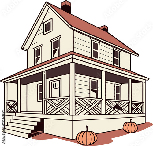 Cozy House with Porch and Pumpkins Illustration