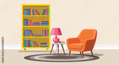 A cozy reading nook with a bright orange armchair and a yellow bookshelf is bathed in the warm glow of a pink table lamp.