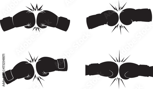 Four sets of boxing gloves making contact silhouette