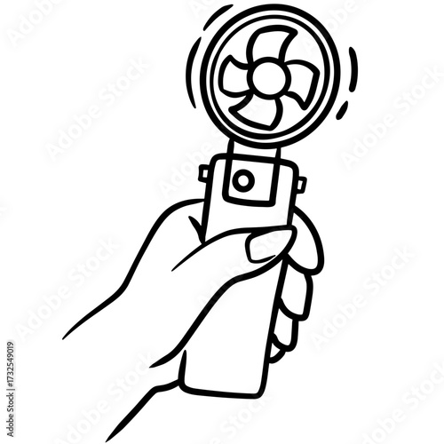 Hand Drawn Line Illustration of Hand Holding Mini Portable Fan
