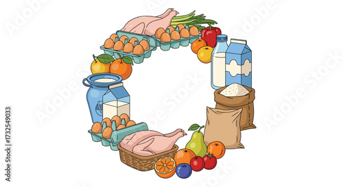 A circular arrangement of fresh healthy groceries and farm fresh products.