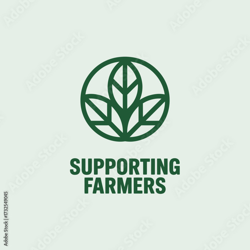 This design features a green circular logo comprising stylized leaves, symbolizing support for farmers and sustainability in agriculture practices for a brighter future.