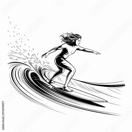A dynamic surfer rides a majestic wave, showcasing their skills with a confident pose. The powerful water and the surfer’s fluidity create a thrilling scene of ocean sports.