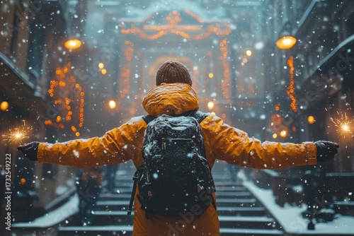 Person in yellow jacket and black backpack standing on snowy street.