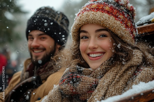 Woman in hat and scarf sits in sled, smiling.