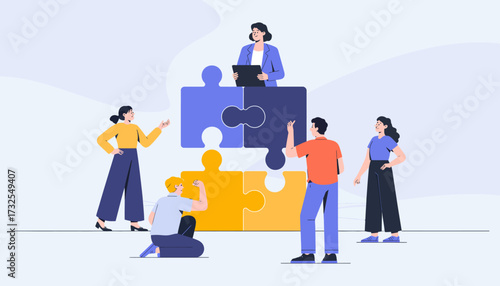 In this modern illustration, a team of people are collaborating around large puzzle pieces, representing teamwork, creativity, and the importance of collective solutions in problem-solving.