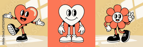 Charming cartoon characters composed of hearts and flowers interact playfully. The bright, cheerful design evokes a sense of warmth and friendliness in its delightful appeal.