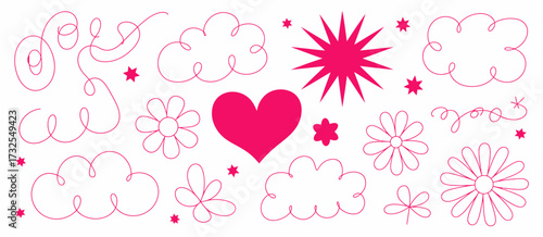 This vibrant image features quirky doodles including hearts, clouds, flowers, and stars, evoking a fun, whimsical atmosphere perfect for cheerful designs.