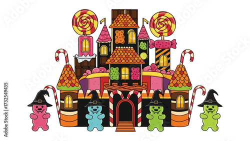 Whimsical candy castle: A vibrant illustration of a magical candy castle, complete with whimsical gummy bear guards, offering a sweet escape into a world of fantasy.