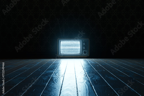 3D Rendering of an old television with bright static screen on wooden planks at night