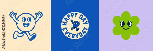 A cheerful circle character runs joyfully against a backdrop of colorful elements, embodying happiness and positivity, perfect for lively branding and promotions.