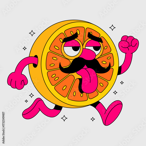 This fun and cartoonish orange slice character, complete with a mustache, appears in a lively pose, radiating humor and charm suitable for playful designs.