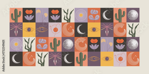 This charming arrangement highlights flowers, moons, and abstract shapes, capturing nature's beauty along with whimsical elements that invoke a sense of wonder and joy.