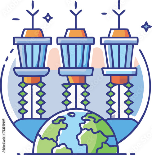 Vector futuristic vertical farm towers orbiting Earth