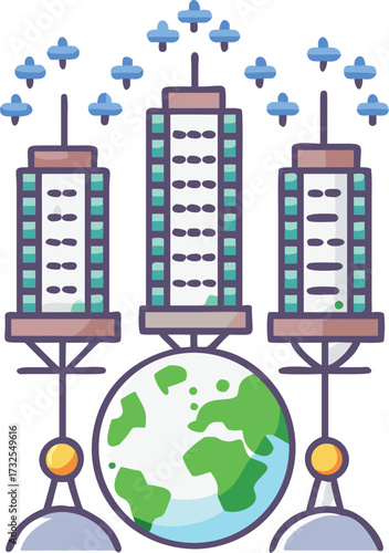 futuristic vertical farm towers orbiting Earth