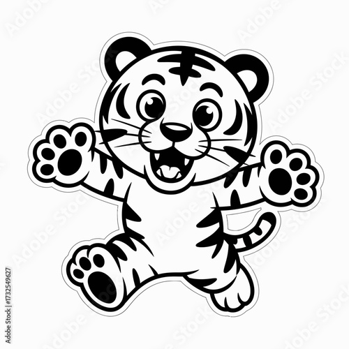 This image depicts a joyful cartoon tiger cub, bursting with energy as it playfully interacts, capturing the essence of childhood joy and innocence in its playful demeanor.