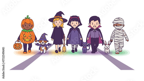 Halloween Parade of Enchantment: A group of children dressed in enchanting costumes, their faces lit with excitement, stride forward on a vibrant, festive pathway of adventure.