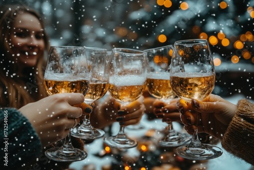 People toasting with champagne in the snow.
