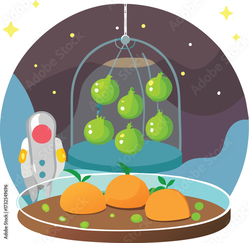 Vector hydroponic lettuce farm floating inside glass sphere in orbit