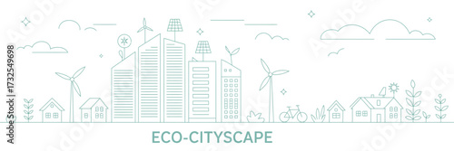 A modern eco-cityscape featuring buildings, wind turbines, and greenery, showcasing the integration of sustainability and urban living through renewable energy.