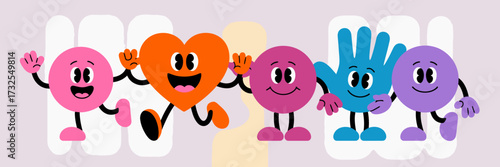 This charming illustration depicts five colorful characters, embodying happiness, connection, and togetherness through bright colors and joyful gestures, ideal for children's content.