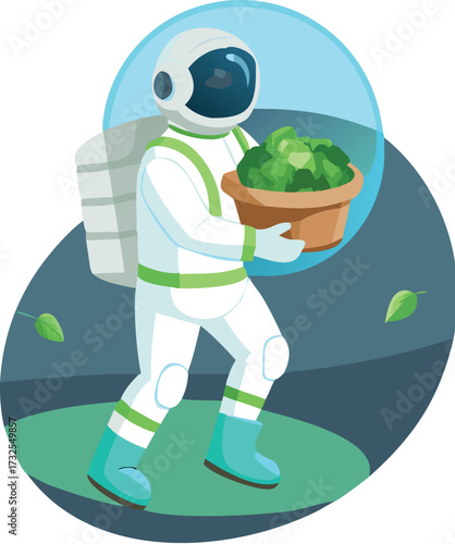 astronaut carrying hydroponic carrots inside futuristic dome