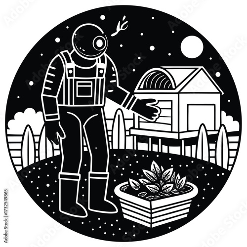astronaut planting seeds in Martian greenhouse soil beds