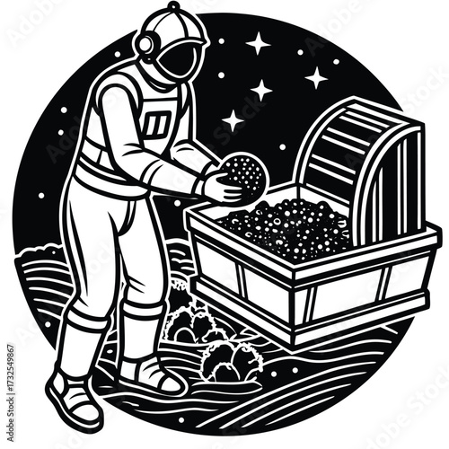 Vector astronaut planting seeds in Martian greenhouse soil beds