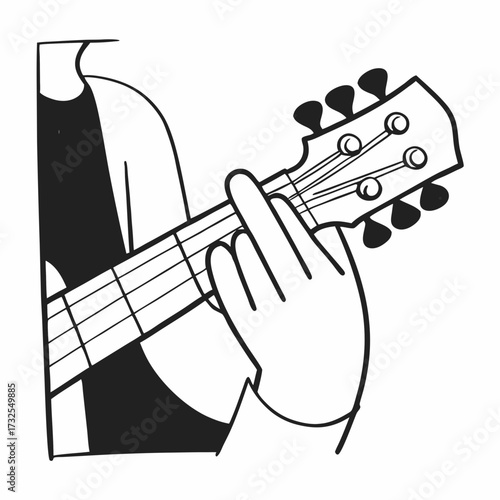 Hand playing guitar with a finger positioned on the strings  