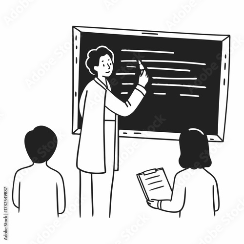 Teacher pointing at chalkboard while explaining lesson to students  