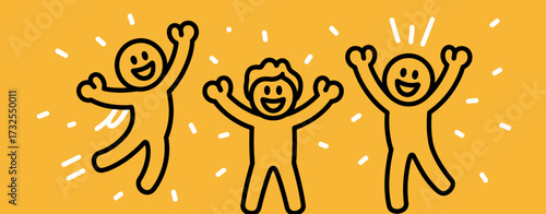 This image features three joyful, cartoon-like characters celebrating together with raised hands, embodying happiness, community, and enthusiasm against a bright yellow background.