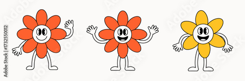 This charming graphic features three friendly flowers in bright colors, each displaying unique expressions and poses, radiating warmth and joy for a playful atmosphere.