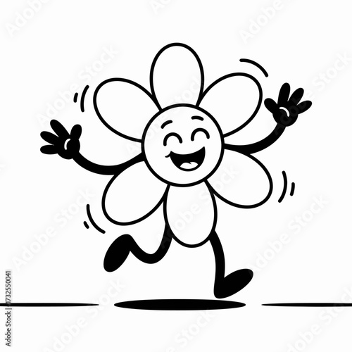 A cheerful, smiling cartoon flower character with arms and legs, expressing joy and vitality. This illustration radiates happiness, perfect for playful designs and joyful themes.