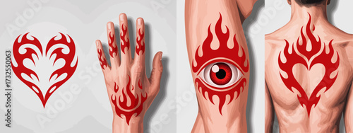 This evocative image features four tattoo designs inspired by flames, showcasing heart, hand, and eye motifs, highlighting artistic expression through vibrant color and bold design.