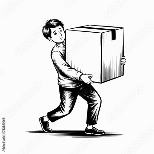 This image showcases a young boy happily carrying a large cardboard box, illustrating determination and the spirit of helping others with a cheerful demeanor.