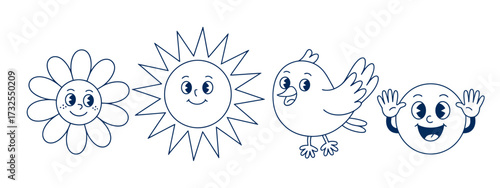 This vibrant illustration features a happy flower, a sun with a smile, an animated bird, and a joyful character, all promoting happiness and positivity.